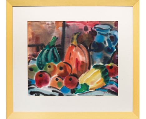 Rudolf Bredow (1909 Berlin - 1973 Nienburg)Stillleben mit Äpfeln, Kürbissen und einem SteinkrugExpressionistisches, farbenfro