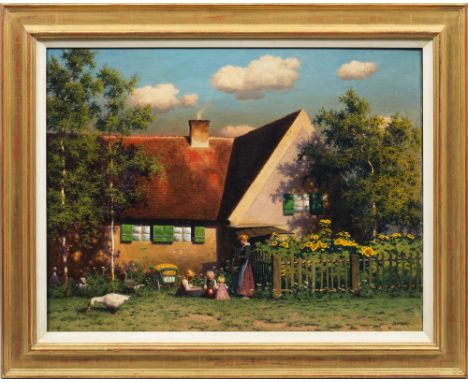 Paul Wilhelm Keller-Reutlingen (1854 Reutlingen - 1920 München)Junge Familie vor einem Bauernhaus im AbendlichtIdyllische, st