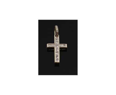 Klassischer Diamant-Kreuzanhänger Gelbgold, gest. 750. Schauseitig besetzt mit Diamanten von zus. ca. 1,80 ct., im Princesscu