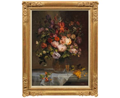 Josef Konecny (1909 Zarosice/Scharoschitz/Tchechien - 1989 Hodonín)Rosenstillleben mit Sektglas, Früchten und Schmetterlingen