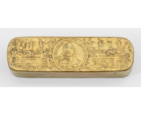 Iserlohner Tabakdose Messing, geprägter Reliefdekor. Auf dem Deckel im Kreismedaillon Darstellung Friedrich des Großen im Pro