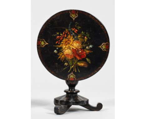 Modell eines Viktorianischen Tilt Top-Table Holz und Pappmaché, schwarz lackiert. Mehrfach gegliederter Balusterschaft auf dr