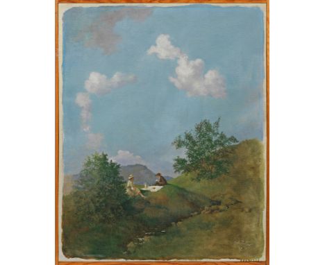 Erik Richter (1889 Berlin - 1981 Plön)Paar beim Picknicken im GrünenIn hellen, sommerlichen Farben gemalte, atmosphärische La
