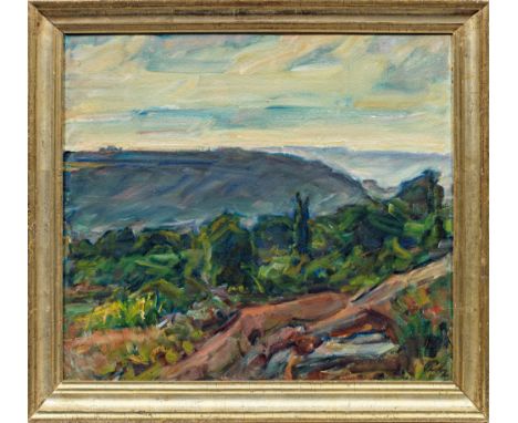 Leo Putz (1869 Meran - 1940 ebenda)Landschaft Blick auf eine bergige, baumbestandene Landschaft, entstanden wahrscheinlich wä