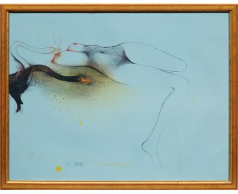 Bruno Bruni (Geb. 1935 in Gradara)"Cigno Nero" (Schwarzer Schwan). OriginaltitelFarblithographie/hellblaues Papier, 1977. L. 