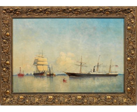 Robert Parlow (1835 Stepenitz - 1901 Stettin)Segelschiffe, Dampfschlepper und Feuerschiff "Swantewitz" im Stettiner Haff Stim