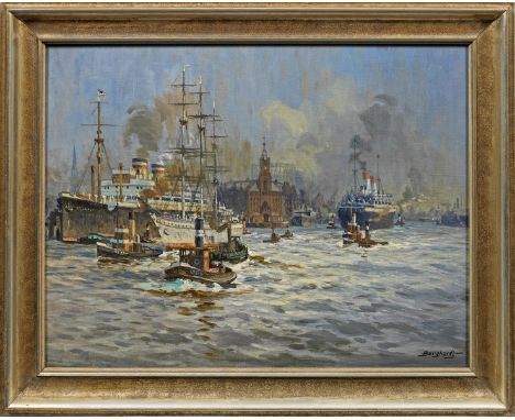 Gustav Burghardt (1890 Hamburg - 1970 ebenda)"Hafen". OriginaltitelBelebte Elbansicht mit Großsegler vor der Kehrwiederspitze