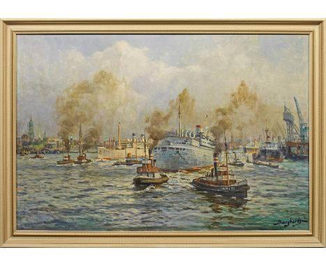 Gustav Burghardt (1890 Hamburg - 1970 ebenda)"Hafen". OriginaltitelAnsicht der Elbe mit regem Schiffsverkehr vor der Kehrwied