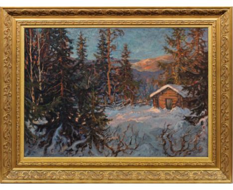Erna Krüger (1883 Wittenberge - 1973 Osterode am Harz)Winterlandschaft im Harz mit verschneiter BerghütteMit einem kraftvolle