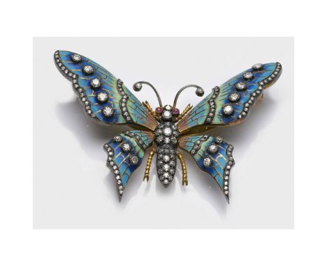 Art Nouveau Schmetterlingsbrosche-"Plique-a-Jour" Gelbgold, Silber gest. 585/925, polychrome Transluzenz-Emaille. Beweglicher