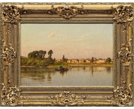 Léon Joubert (1851 Quimper - 1928 Paris) FlusslandschaftBlick auf einen breiten Fluß im Abendlicht, im Vordergrund ein mit ei