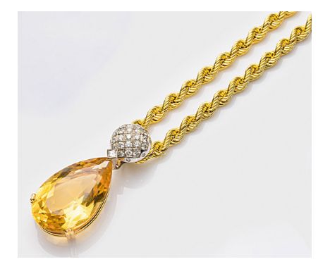 Repräsentativer Citrin-Anhänger mit Kordelkette Gelbgold, gest. 14/18 ct.; Tropfenförmiger Anhänger besetzt mit einem goldgel