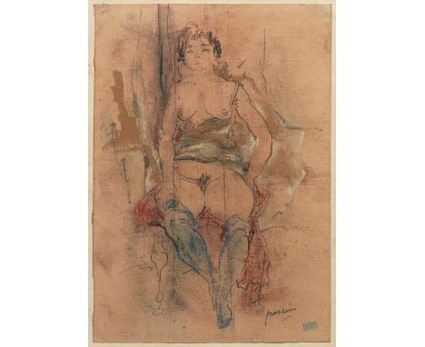 Jules Pascin (1885 Widin/Bulgarien - 1930 Paris)Weiblicher Akt im BordellMit gekonnt flüchtigem, dynamischem Pinselstrich fes