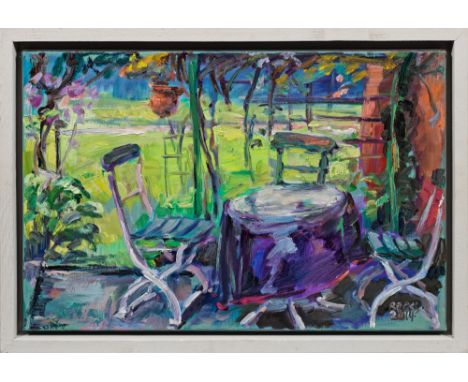 Sybille Bross (Geb. 1959 in Stuttgart)Der GartentischIn leuchtenden Farben und äußerst dynamischem und pastosem Duktus gemalt