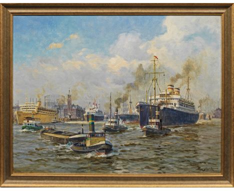 Gustav Burghardt (1890 Hamburg - 1970 ebenda)"Hamburger Hafen". OriginaltitelAnsicht der stark befahrenen Elbe, im Hintergrun