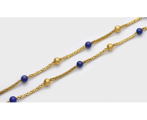 Lapislazuli-Kette Gelbgold, gest. 750. Königskette besetzt mit Lapislazuli- und mattierten Goldkugeln von ca. 10 mm. Gew. ca.