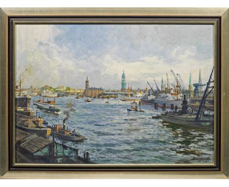 Gustav Burghardt (1890 Hamburg - 1970 ebenda)"Hamburger Hafen". OriginaltitelHafenansicht mit Blick gen Michel und Kehrwieder