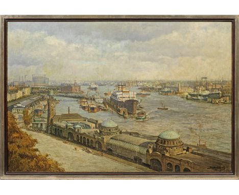 Gustav Burghardt (1890 Hamburg - 1970 ebenda)Hamburger Hafen mit LandungsbrückenVedute mit Blick über die Landungsbrücken in 
