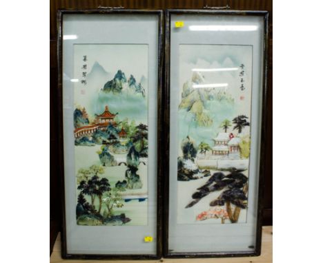 PAIR OF ORIENTAL FRAMED LANDSCAPES COMPOSED OF SHELL + MOTHER OF PEARL