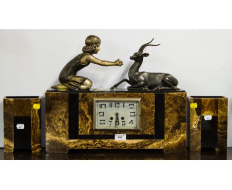 FRENCH ART NOUVEAU MARBLE MANTLE CLOCK WITH GIRL AND GAZELLE AND GARNITURE ,  Le Goc