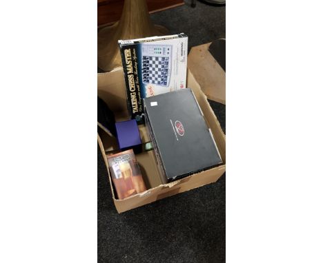 BOX LOT TO INCLUDE CHESS GAME, DECANTER ETC