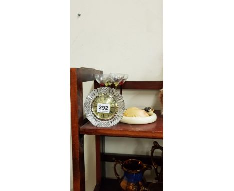 HUMMEL PLAQUE TYRONE GLASS CLOCK AND 5 LONG STEM GLASSES