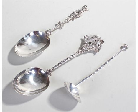 Three silver spoons to include two continental, one depicting a galleon, the other a gondola. the third being a ladle type Bi