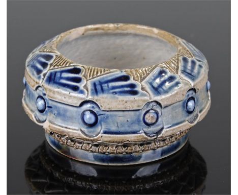 Martin Brothers salt, circa 1878, the salt with a pale blue interior and exterior with a geometric design, the base incised B
