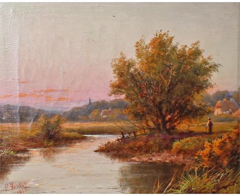 R Jensen, stream by a tree and figure, signed and dated 1905, 24cm x 19cm 