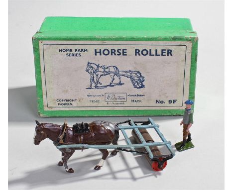 Britains Farm Series 9F Horse Roller and Man, comprising grey roller with blue shafts, brown horse and farmer figure, boxed