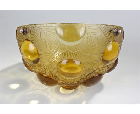 Rene Lalique 'Soleil' plafonier, Marchillac no. 2466, designed in 1926, in amber glass with moulded marks "R. Lalique, France