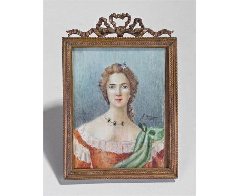 Miniature portrait, signed G Avoi? of a lady with a red dress and jewellery, oil on ivory, housed within a gilt metal frame, 