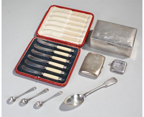 Silver objects, to include a set of silver fruit knives, three silver mustard spoons, a vesta, a cigarette case, a cigarette 
