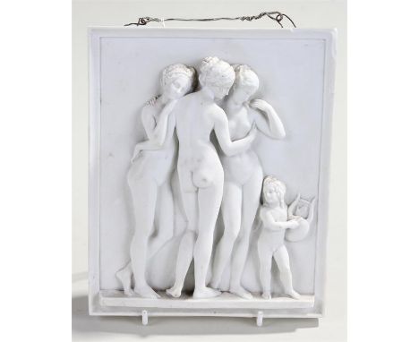 19th Century Bing & Grondahl bisque porcelain plaque, of three classical ladies, cupid to the side playing the harp, impresse