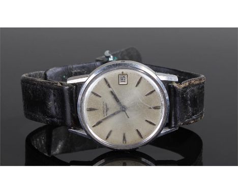 Longines stainless steel gentleman's wristwatch, the signed silvered dial with baton hours and date aperture, manual wound, 3