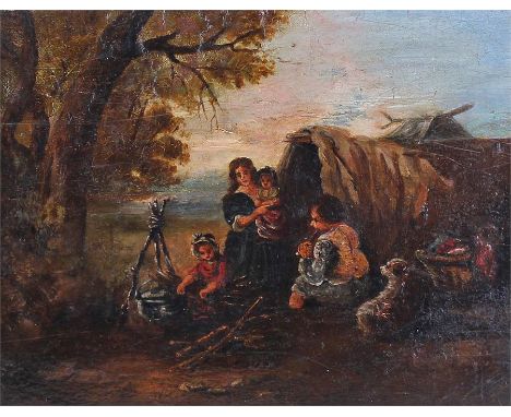 Thomas Smythe (1826-1906) Gypsy encampment with a portly man playing an instrument, signed oil on board, 27.5cm x 21cm exclud