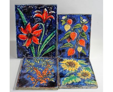 Set of Four Karlsruhe pottery tiles, to include Amaryllis No 7248, 41cm high, Chinese Lantern No 7618, 34cm high, Sunflower N