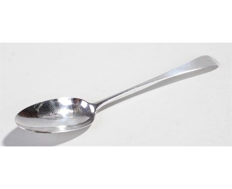 George III silver serving spoon, London 1785, Hester Bateman, in the Old English pattern, the top of the spoon engraved "JR t