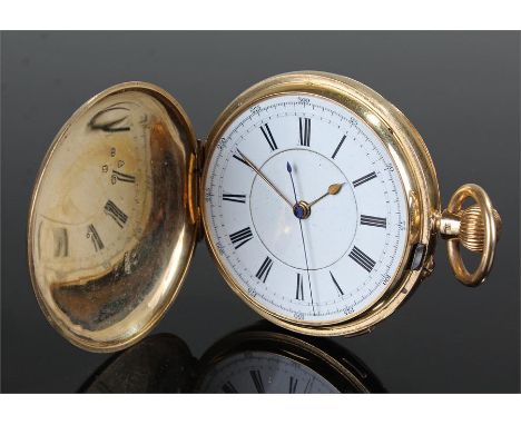 18 carat gold hunter pocket chronograph, the plain case enclosing a white enamel dial, Roman numerals and outer 23 to 300 tra
