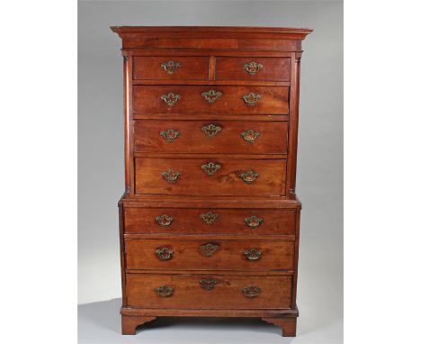 George III mahogany chest on chest of small proportions, the ogee moulded top over a plain frieze with two short drawers over