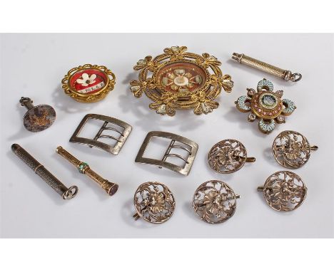 Pair of silver buckles, together with a George III steel seal, a micromosaic brooch, three propelling pencils, two capsules a