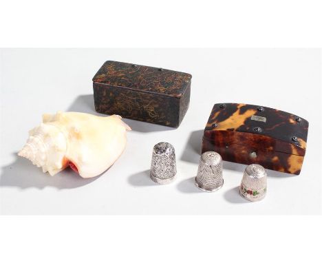 Shell pin cushion, together with a Victorian tortoiseshell box, a papier mache snuff box and three silver thimbles, (6)