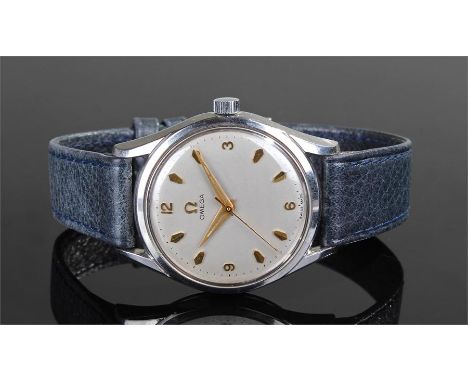 Omega gentleman's stainless steel wristwatch, the silvered dial with gilt arrow hours and Arabic quarters, manual wound, case