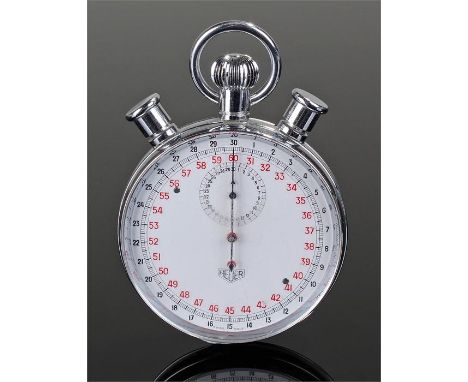 Heuer stopwatch, the external chapter ring with black Arabic numerals and the internal ring with red Arabic numerals, with a 