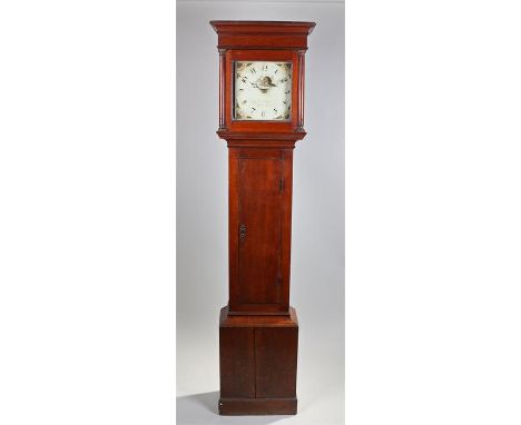 George III oak longcase clock, R Stedman Godalming the concave cornice above a glazed hood with columns to the side, above a 