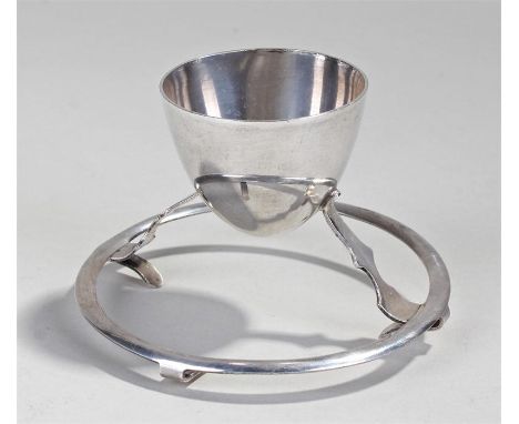 Christopher Dresser design silver plated egg cup, the tapering egg cup above a ring stand, patent number 2070-06, 8.5cm wide