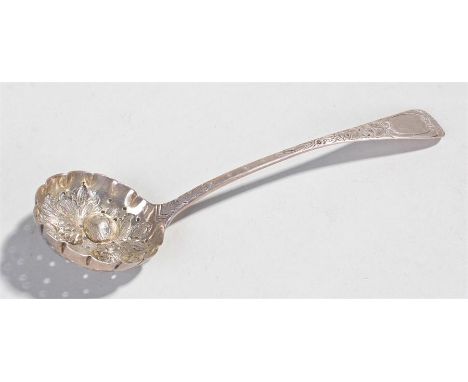 Victorian silver sifter spoon, Dublin, date letter rubbed, possibly 1846, decorated with pineapple, grapes and a pear, 17cm l