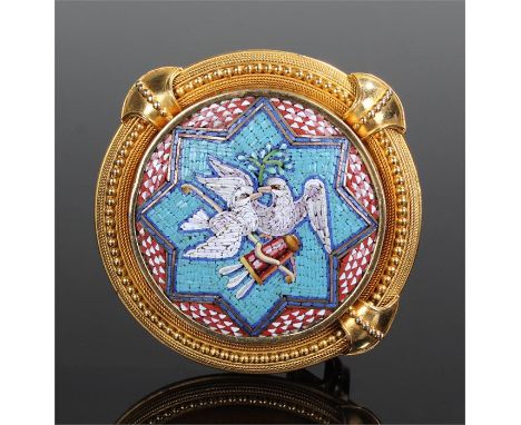 Victorian micromosaic brooch, the brooch with doves and a bow and arrow surrounded by a yellow metal clasp frame, 4.1cm wide 