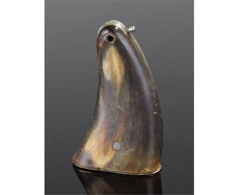 19th Century horn snuff box with a brass lid to the base and a swivel snuff dispenser, 10cm high