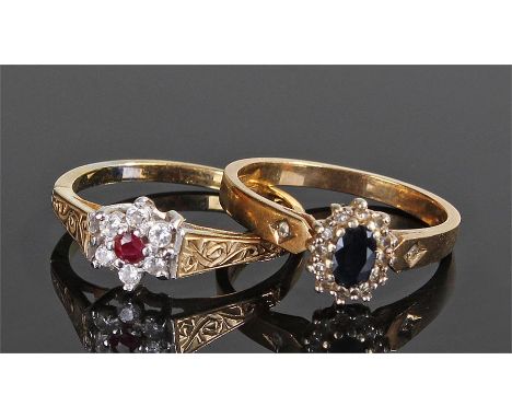 Two 9 carat gold rings, one set with a sapphire the other with a ruby, ring sizes M and P, (2)